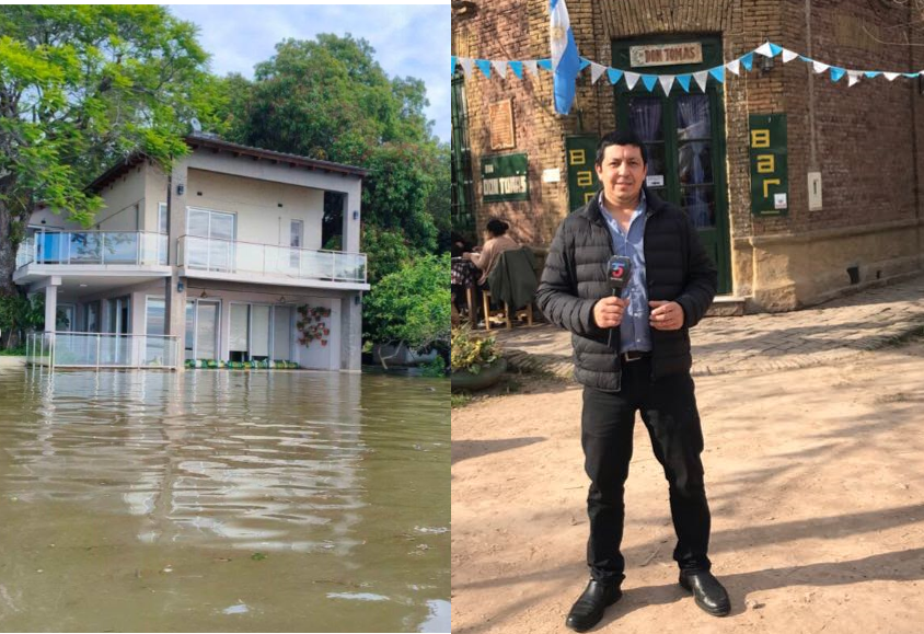 Casa inundada con el primer piso visible, rodeada de agua y vegetación.